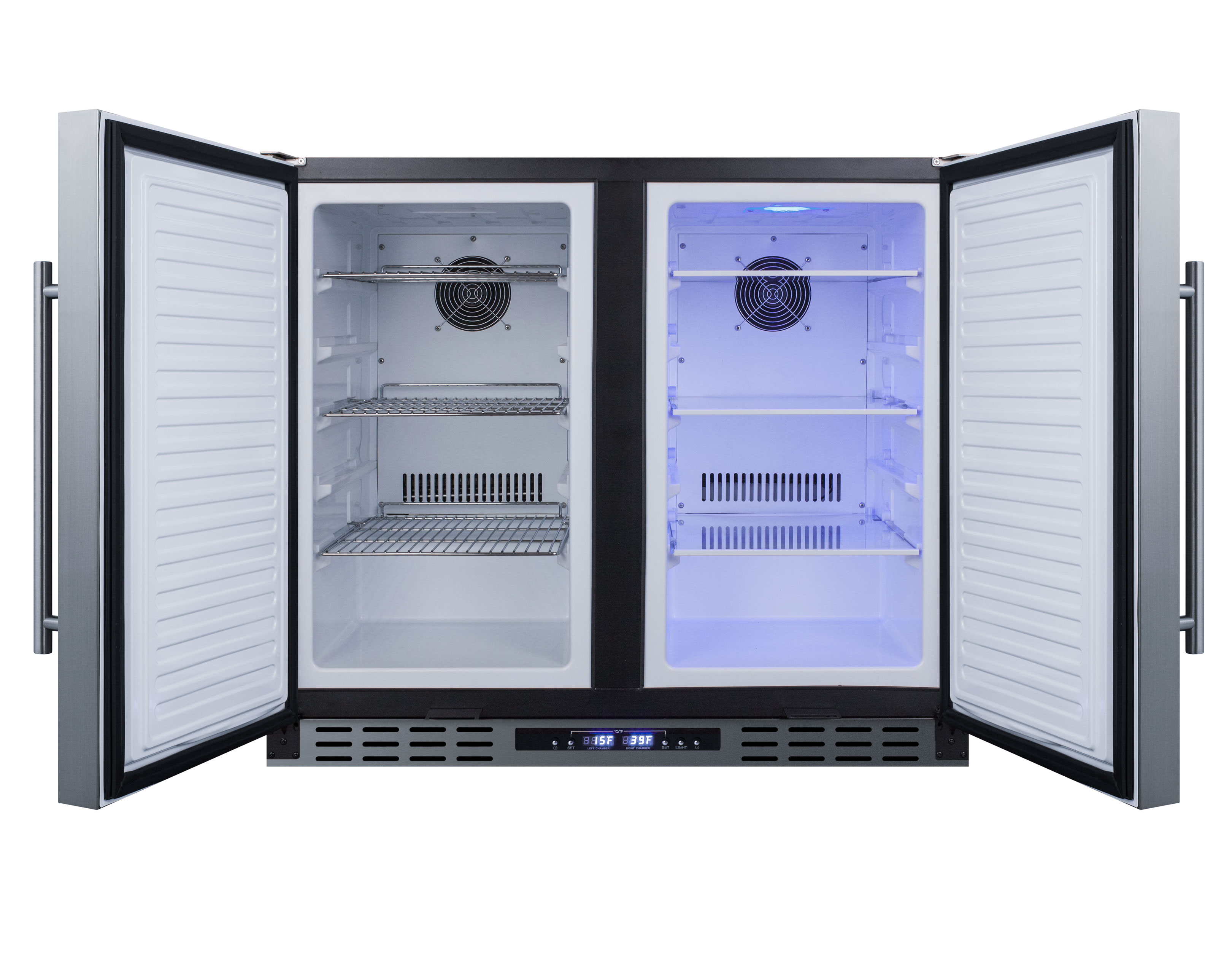 ADA compliant, commercially approved, frost-free, side-by-side refrigerator-freezer for built-in or freestanding use with two stainless steel doors, black cabinet, front-placed digital controls, and front locks